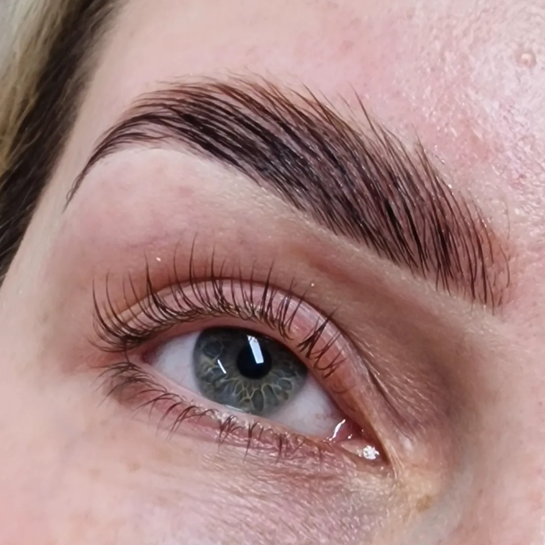 Laminated brow and lifted lashes, close up